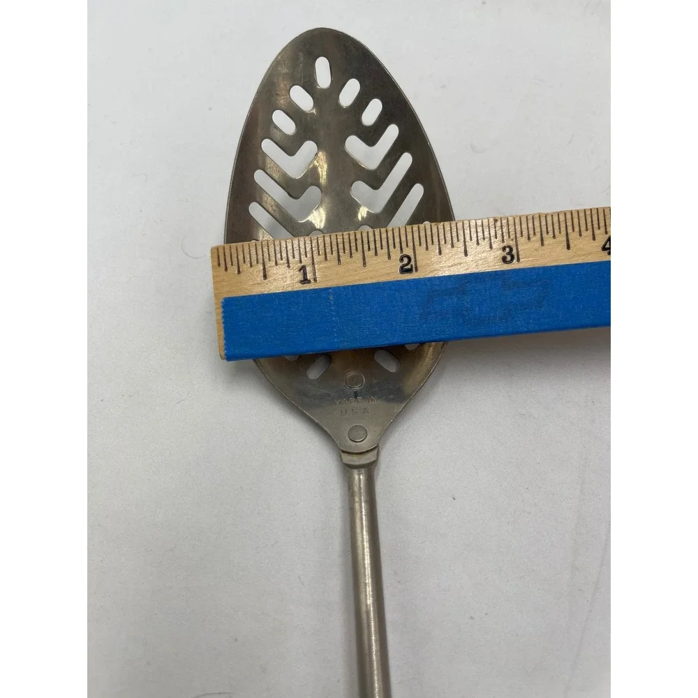 Vintage Slotted Serving Spoon USA Tan Gold Handle Stainless Steel Leaf Pattern